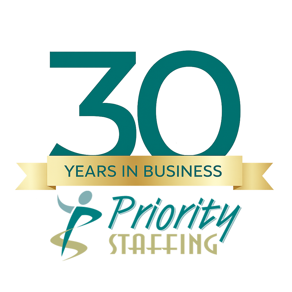 1 (11) Priority Staffing “30 YEARS IN BUSINESS” anniversary graphic with a large 30, gold ribbon, and company logo.