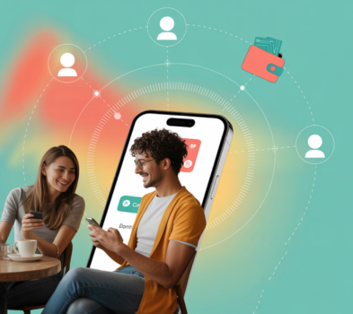 Turn Connections Into Cash with Our Referral Program Two people at a café use phones, with an oversized smartphone plus profile icons and a wallet, suggesting mobile payments.